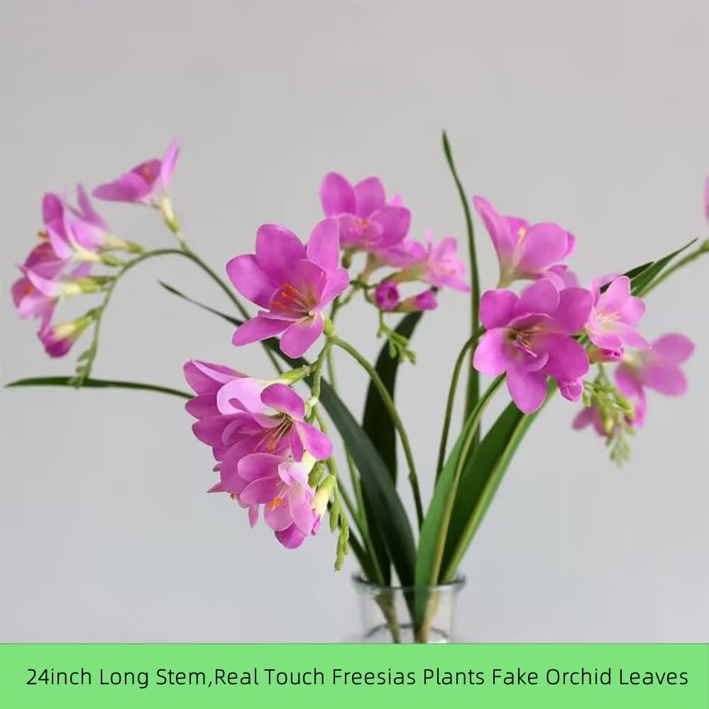 4pcs Freesias Flowers Artificial with Long Stem,24"Real Touch Dendrobium Plants Fake Orchid Leaves,Faux Larkspur Flowers for Outdoor Table Garden Party Wedding Bouquet Fillers,Patio Decor (Hot Pink) - color: Hot Pink