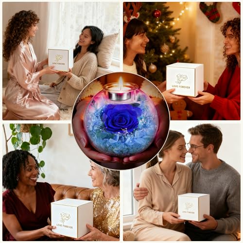 Preserved Real Rose in Glass with Scented Candles for Mom Her Wife Girlfriend Grandma Birthday Anniversary Romantic - color: Zenith Blue