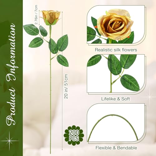 Lyrow 200 Pcs Artificial Roses Realistic Flowers Bulk Real Looking Fake Silk Rose Bouquets with Long Stem Flowers for Wedding Table Centerpieces Bridal Shower Party Home Garden Decor (Golden) - color: Golden