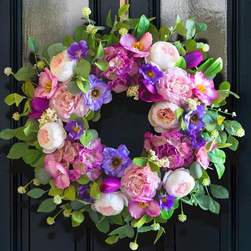 Summer Wreaths for Front Door 24 Inch Spring Summer Wreath with Blush Pink Roses & Purple Blooms and Hydrangeas,Luxury Summer Door Wreath for Porch,Home,Wall,Window Decor(Indoor Outdoor Use) - color: Hydrangeas