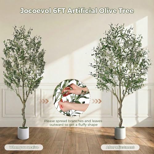 Jocoevol Olive Tree Artificial Indoor 6FT，Tall Faux Olive Tree with White Planter，Realistic Artificial Olive Tree Indoor with Natural Trunk and Lifelike Fruits for Home Office Living Room - size: 6ft