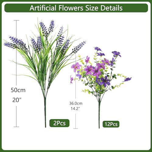 Artificial Flowers for Outdoors UV Resistant, 14 Bundles Fake Flowers Daisy with Lavender Faux Outdoor Plants Silk Flower for Outside Planters Patio Porch Window Garden Yard Spring Summer Decoration - color: Deep Purple Fuchia