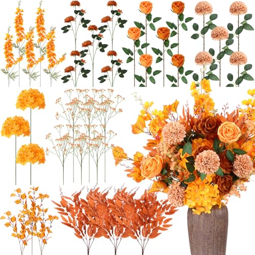 Suncalla 36 Pcs Caramel Artificial Flowers Bouquet Set 8 Kind Faux Delphinium Rose Peony Chrysanthemum Hydrangea Baby's Breath Florals with Greenery Long Stem for Wedding Table Vase Decor - color: Caramel