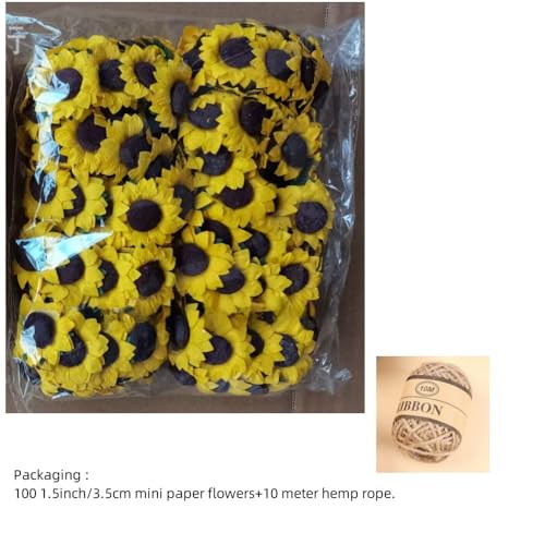 100 pcs Mini Yellow Sunflowers, 1.2" Tiny Fake Flowers with10 Yard Hemp Rope, Miniature Flowers for Crafts, Miniature Flowers for Dollhouse, for Gift Decoration,Dining Table Decoration - color: Yellow Sunflower