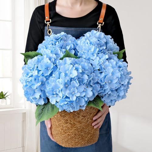 JINWOE Blue Flowers Hydrangea Artificial Flowers, 5Pcs 20Inch Large Lifelike Silk Artificial Hydrangeas, Full Fake Flowers for Bouquet Table Centerpieces Wedding Indoor Home - color: Blue