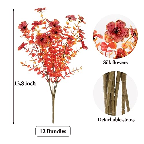 Artificial Fall Flowers Outdoor UV Resistant Fake Mums Bulk Outdoor Faux Mums Plants Plastic Flower Decorations for Home Garden Porch Hanging Planter Vase Autumn Decor Outside, 12 Bundles (Orange) - color: Orange, size: 12PCS
