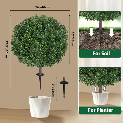 27.5" Artificial Boxwood Topiary Ball Tree, Set of 2 Fake Bushes Shrubs with Ground Spike, UV Resistant Faux Evergreen Boxwood Trees for Front Porch Planters Outdoor Garden Decor - color: Green-boxwood