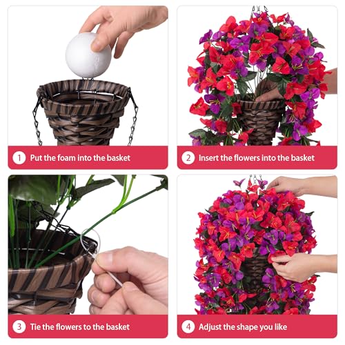 Ivydale Bougainvillea Artificial Hanging Fake Flowers with Basket for Outdoors Decoration, Faux Silk Flowers UV Resistant Fake Plants Long Vines Realistic for Outside Front Door Porch, Red Fuchsia - color: Red Fuchsia