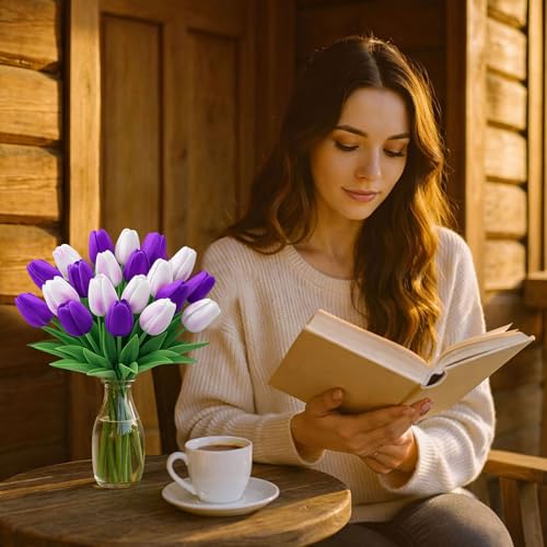 20 Pcs Tulips Artificial Flowers, 13.5'' Real Touch PU Fake Flowers Bouquet for Home Party, Spring Wedding Floral Arrangement, Valentine's, Easter and Mother's Day Decor (White Purple) - color: White Purple