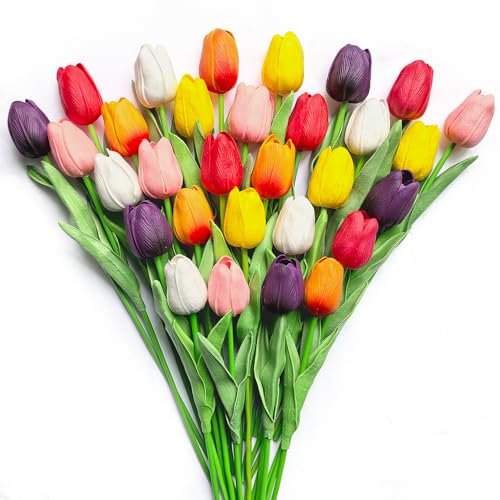 30 PCS Artificial Tulips Real Touch Tulips 13.5inch Long Stem Fake Flowers Silk Flowers for Spring Easter Mother's Day Decorations (MixedColor-2) - color: Multicolor-2