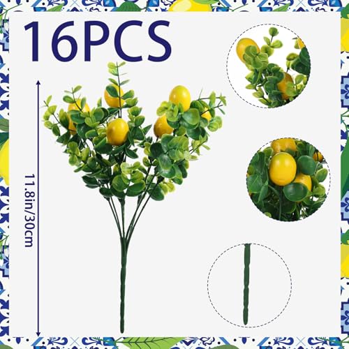 4 Sets Blue Tiles Lemon Table Centerpiece Decor Box and 16 Artificial Lemon Branches Amalfi Coast Capri Positano Lemon Party Supplies for Capri Mediterranean Wedding Birthday Baby Shower Party Decor - color: Yellow White-a