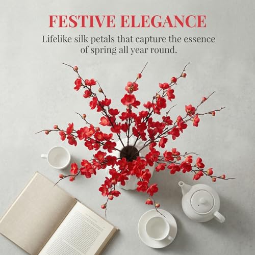 20pcs Cherry Blossom Branches Artificial Flowers for Winter Spring Indoor Decoration, 22" Plum Fake Peach Plants for Wedding Home Office Bedroom Party Decor (red, 22in) - color: Red, size: 22in