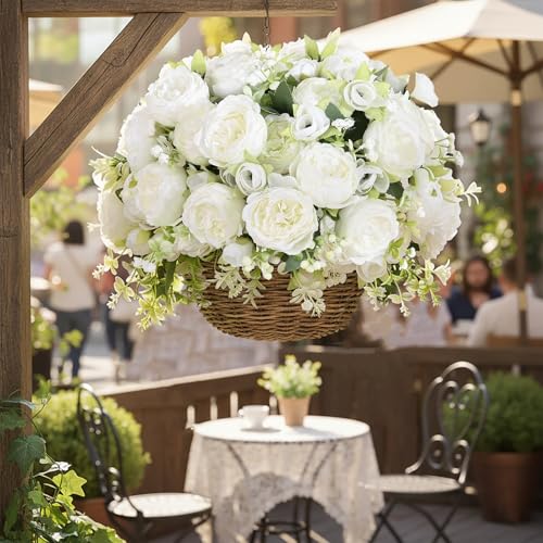 12 Bundles Peonies Artificial White Flowers Bouquet, Lifelike Silk Fake Peonies with Stems for Home Table Centerpieces, Wedding, Party & DIY Bridal Floral Arrangements (White) - color: White