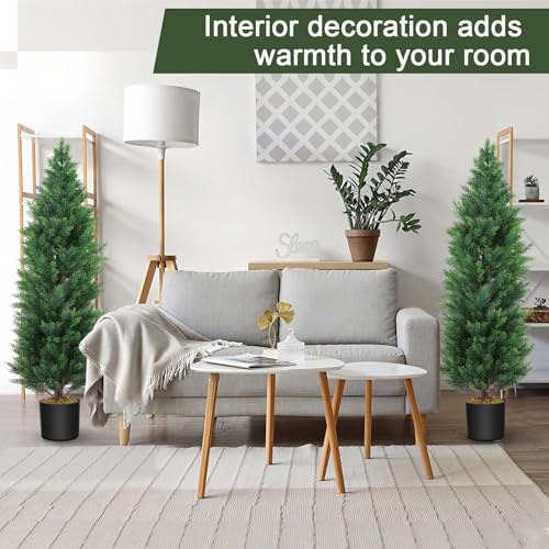 Hananona 2 Pcs 4 Ft Artificial Topiary Cedar Trees, Outdoor Faux Pine Shrubs, Realistic Fake Greenery Plants UV Resistant Cypress Trees for Christmas Porch Front Door Decor (2, Green, 4 Ft)