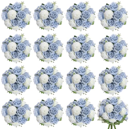 16 Bundles Artificial Flowers Peonies, Dusty Blue Silk Faux Peony Floral Arrangements Fake Peony for DIY Bouquet for Vase Centerpiece Home Wedding Party Centerpiece - color: Dusty Blue & White
