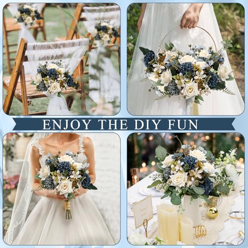 Artificial Mum Flowers 12 Bundles Silk Chrysanthemum Flowers Fake Roses Peonies with Eucalyptus, Realistic Faux Peonies for Vase Arrangement, Home Decor, Wedding Centerpiece - White Blue - color: White Blue