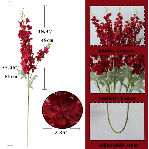 33.5” Red Delphinium Artificial Flowers, 8PCS Long Stem Artificial Flowers for Tall Vase Faux Larkspur Red Fake Flowers for Wedding Centerpieces Home Table Decor - color: Red