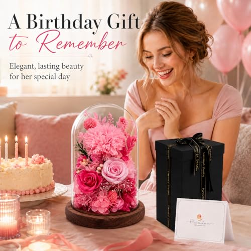 Preserved Flowers in Glass, Eternal Real Flowers with 1 Carnation & 2 Pink Roses for Women Mom Grandma Forever Rose Bouquet for Anniversary Birthday Mother's Day Lasts 3-5 Years(No Lights) - color: Light Pink