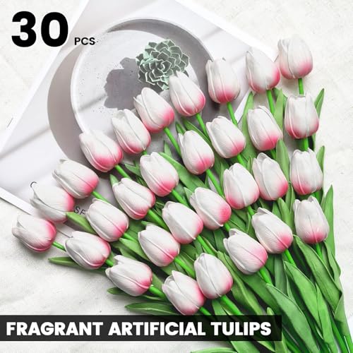 30 PCS Artificial Tulips Real Touch Tulips 13.5inch Long Stem Fake Flowers Silk Flowers for Spring Easter Mother's Day Decorations (White×Pink) - color: White×pink