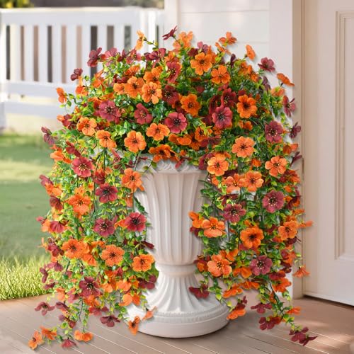 ZFProcess Artificial Hanging Flowers Plants for Outdoor Fall Decoration, 2PCS Faux Silk Daisy UV Resistant Look Real for Outside Home Indoor Planter Porch Garden Yard Autumn Decor(Orange Brown) - color: Orange Brown