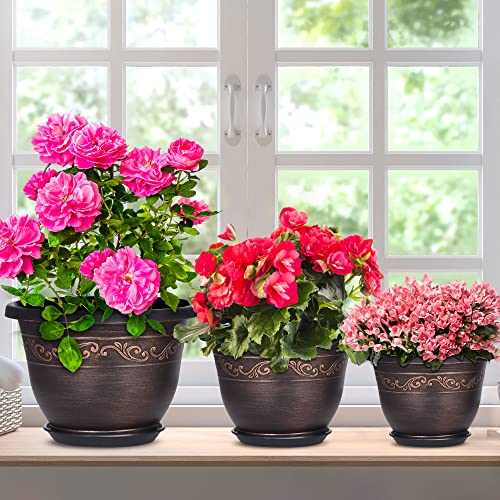 Plastic-Plant-Flower-Planters-8 Inch With Drainage Hole & Saucer, 6 Packs Lightweight Small Resin Flower Pot Indoor Outdoor, Retro Antique Imitation Decorative Garden Containers Sets For Houseplants - color: 6 Pack-8 Inch