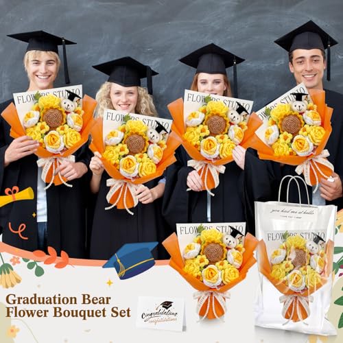 Giegxin Large Graduation Bear Flower Bouquet Set Crochet Graduation Bouquet Gift 2026 Handmade Sunflower Rose Greeting Card Gift Bag for Birthday Teacher Appreciation Grad Party Favor Supplies(Orange)