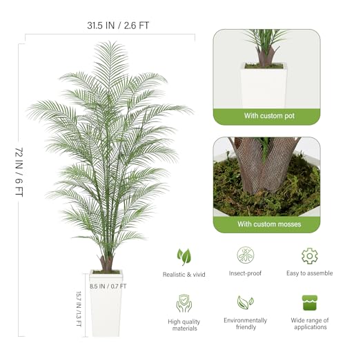 GarveeHome 6 ft 72 in Faux Areca Palm Plants Fake Palm Tree w/ 44 Realistic Trunks & Full Lifelike Palm Leaves Artificial Dypsis Lutescens Plants for Indoor Home Décor with Trapezoidal Prism White Pot