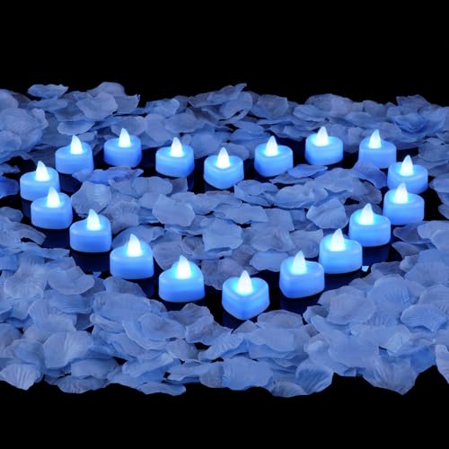 Amagic 2000 Pieces Light Blue Artificial Rose Petals with 24 Light Blue LED Tea Lights, Rose Petals and Candles Set for Proposal, Anniversary, Romantic Night, Wedding Decor - color: 24 Pcs Light Blue Candles + 2000 Pcs Light Blue Petals
