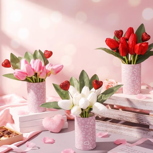 Suncalla 3 Set Mother's Day Table Centerpieces Vintage Artificial Tulips Flower Bouquet with Paper Bucket & Glitter Foam Heart Picks for Wedding Dining Room Tiered Tray Party Decor