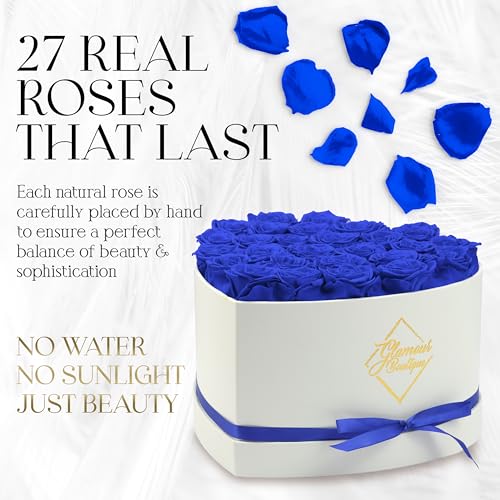 GLAMOUR BOUTIQUE Preserved Roses in a Box - Gifts for Her, Wife & Mom, Rose Flowers Forever Decor for Birthday Gift, Get Well Flower Bouquet Cased in White Box with Cover, Blue, 27 (Color-Treated) - color: Blue, size: 27 Roses Heart Box