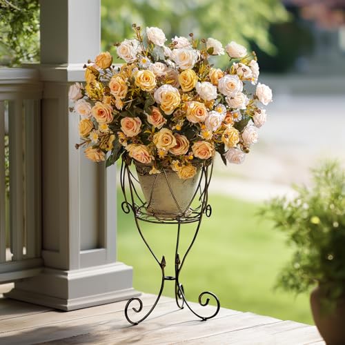 Artificial Rose Flowers for Outdoor 4 Bundles Rose Bouquet with Daisy Faux Flowers UV Resistant for Home Indoor Outside Garden Porch Window Box Balcony Yard Porch Fall Decor (White+Yellow) - color: White+yellow