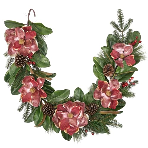 Briful 5FT Christmas Magnolia Flower Garland with Pine Cones Berries Artificial Silk Floral Vine Faux Flower Garland for Xmas Backdrop Table Wall Wedding Party Home Decor - color: Magnolia Galand