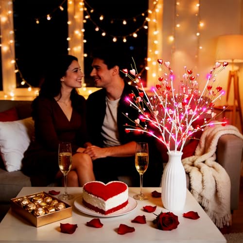 Agusbagli 3 Pack Valentines Day Decor 30in Lighted Valentine’s Day Picks with 60LED Pink Lights Artificial Red Heart Berry Flower Stems Timer Battery Operated Valentines Day Decorations for Home