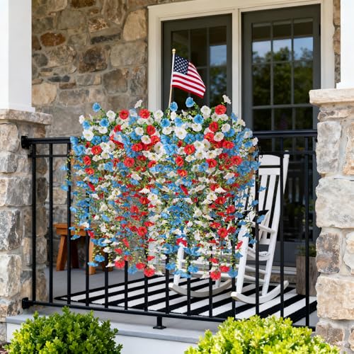 Artificial Hanging Petunias Flowers for Outdoor, 8pcs Fake Plants Long Vine Morning Glory Eucalyptus, UV Resistant Realistic Faux Greenery Outside Patio Porch Garden Spring Decor, Red Blue White - color: Red Blue White