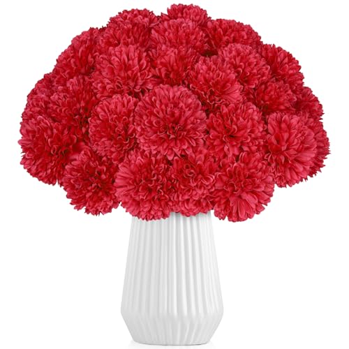 36 Pcs Artificial Chrysanthemums Flowers Red Flowers Fake Mums Silk Flowers for Spring Home Decor Christmas Floral Arrangement Halloween Table Centerpiece - color: Red