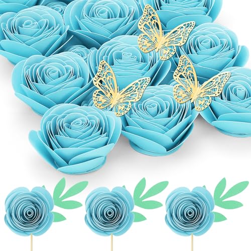 Mverse Light Blue Roses Artificial Flowers, Mini Paper Flower Crafts DIY Gift Decorations for Custom Shadow Box Frame, Graduation Cap, Cake Topper (18 Pieces, Light Blue) - color: 16- Light Blue