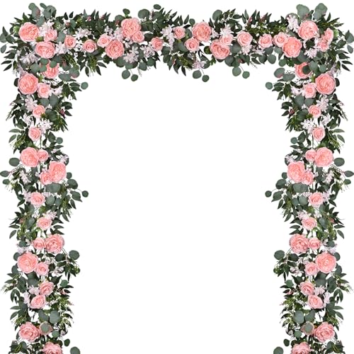 Lvydec 2 Pack Artificial Peony Flower Garland - 6ft Silk Peony Vine Willow Leaves and Eucalyptus Garland White Arch Flower Vine for Wedding Party Table Decoration (Pink) - color: Pink