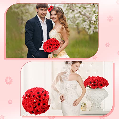 Censen 42 Pcs Red Artificial Poppy Flowers 11 Inch PU Realistic Flower Silk Anemone Stems Bulk for Wedding Bouquets Table Centerpiece Holiday Home Halloween Decor Arrangements - color: Red