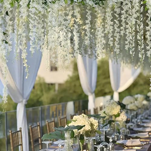 BSMYBO 60 Branches Wisteria Hanging Flowers White Artificial Wisteria Hanging Flowers Garlands Vine for Wedding Arch Party Ceremony Home Garden Backdrop Wall Decoration (4 Pack) - color: White, size: 4 Pack