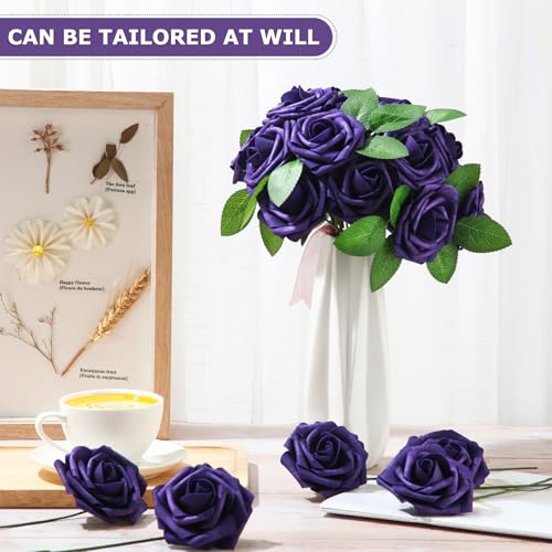 50 Pcs Artificial Foam Rose Flower Faux Bouquet Wedding Fake Rose Gift for Mother's Day Women DIY Bridal Shower Party Table Birthday Home Spring Decor (Purple) - color: Dual Shades of Blue