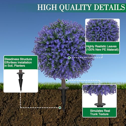 AOKIIE 24" Artificial Boxwood Topiary Bushes UV Resistant for Outdoor 2PCS | Artificial Shrubs with Ground Spike, Purple Faux Outdoor Plants for Indoor & Outdoor Garden, Yard, Porch, Patio - color: Purple