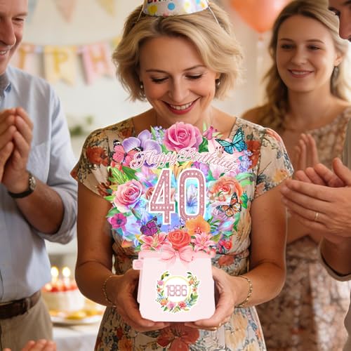 40th Birthday Cards, Light and Music 40 Years Old Happy Birthday Card, Rose Lily Orchid and Butterflies, 10 Inch Forever Flower Bouquet 3D Pop Up 1986 Birthday Gift Card for Women Wife Mom Daughter Sister - size: 1986-40th