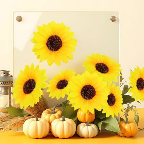 60 Pcs Artificial Sunflowers with Stems - 4 Inches Realistic Silk Fabric Flowers for Home Decor, Wedding, Centerpieces & Crafts Thanksgiving Decorations – Bright Yellow Fake Flowers