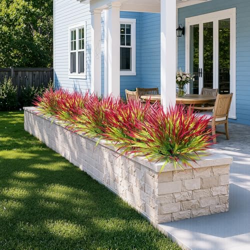 Uieke 6 Bundles Artificial Outdoor Plants UV Resistant Fake Grass Plants Faux Plastic Plants Greenery Shrubs for Home Garden Pathway Window Box Front Porch Summer Fall Decor, Deep Red - color: Light Green & Red, size: 6