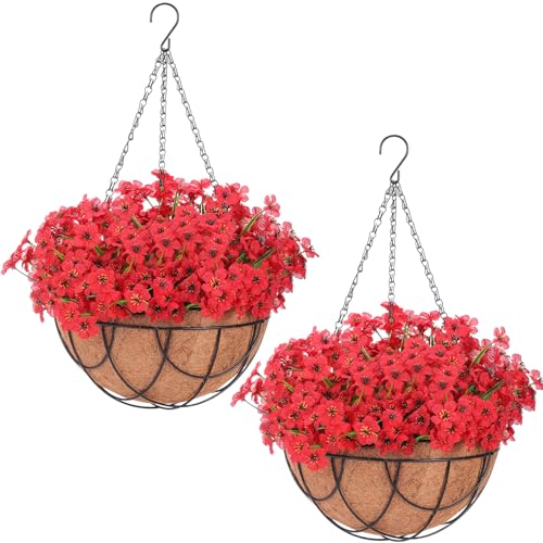 Beeveer 2 Pack Artificial Hanging Flower Basket for Outdoor Decoration Faux Orchid Hanging Plants with Coconut Lining Basket Fake Arrangement for Porch Courtyard Decor(Red, 2 Pack) - color: Red