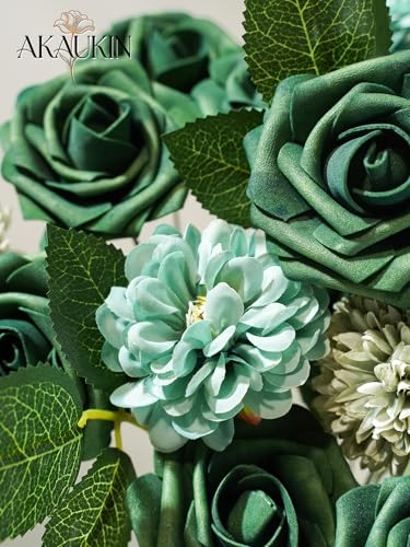 Artificial Flowers Combo Set Blue Green Dahlia Roses DIY Wedding Decor | Silk artificial flowers arrangement set for home decor crafts reusable party bouquets DIY wedding table and event decorations - color: Blue Green, size: The Minimalist