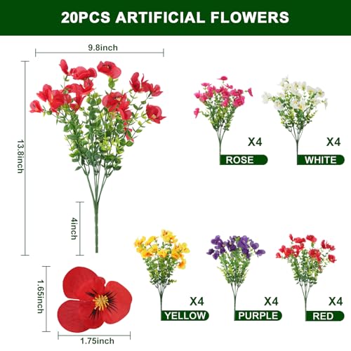 trytuny 20 Pcs Artificial Flowers for Outdoor, UV Resistant Realistic Pansies Fake Flowers for Indoor and Outdoor Garden, Porch, Patio, Window Box Decor All Year Round - size: 20pcs-Mixed color