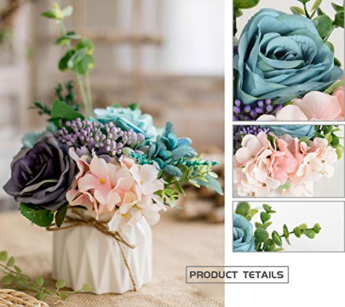 TKAS Artificial Flowers Fake Flowers Silk Rose Bouquets Decoration with Ceramics Vase for Table Home Office Wedding (Mix Color-2) - color: Mix Color-2