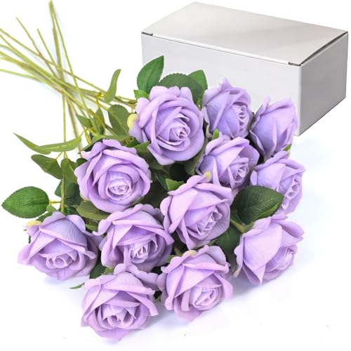 Jasion 12PCS Artificial Roses Realistic Velvet Silk Flowers Long Stem Faux Flowers Bouquet for Wedding Home Party Table Centerpieces Decorations (Light Purple) - color: 12pcs Light Purple