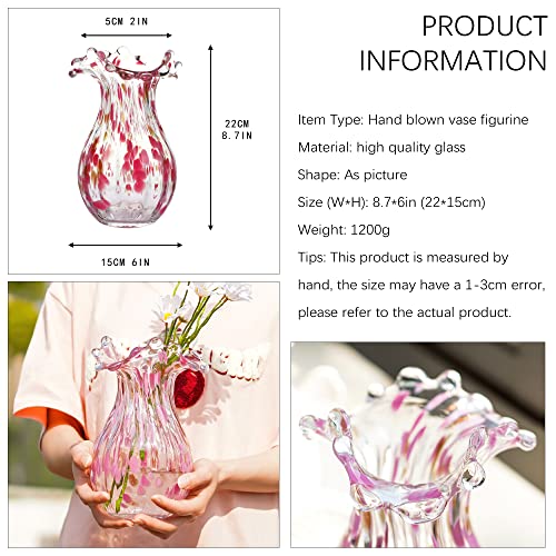 QFkris Handblown Glass Vase, Modern Art Flower Vase with Pink Petal Decorative for Home Decor, 8.5 inch Tall for Living Room Dining Tabletop Centerpiece Statement Office Decoration - color: Pink Bubble